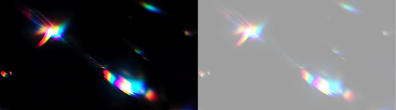 Dynamic prismatic rainbow lens flare burst. Chromatic light streak overlay with vivid spectral refraction. Abstract optical effect