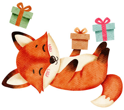 Fox in birthday party concept, Cute fox lying on back happily juggling colorful gift boxes with ribbons