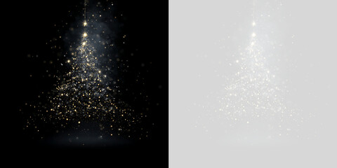 Golden glitter Christmas tree light effect with sparkling particles. Isolated magic glowing fir tree overlay on transparent background © Серёга Гончаренко