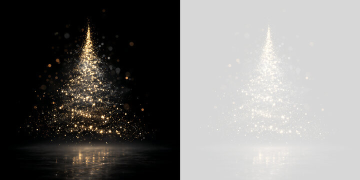 Brilliant golden particle Christmas tree overlay with glowing bokeh. Magical glitter fir tree light effect on transparent background