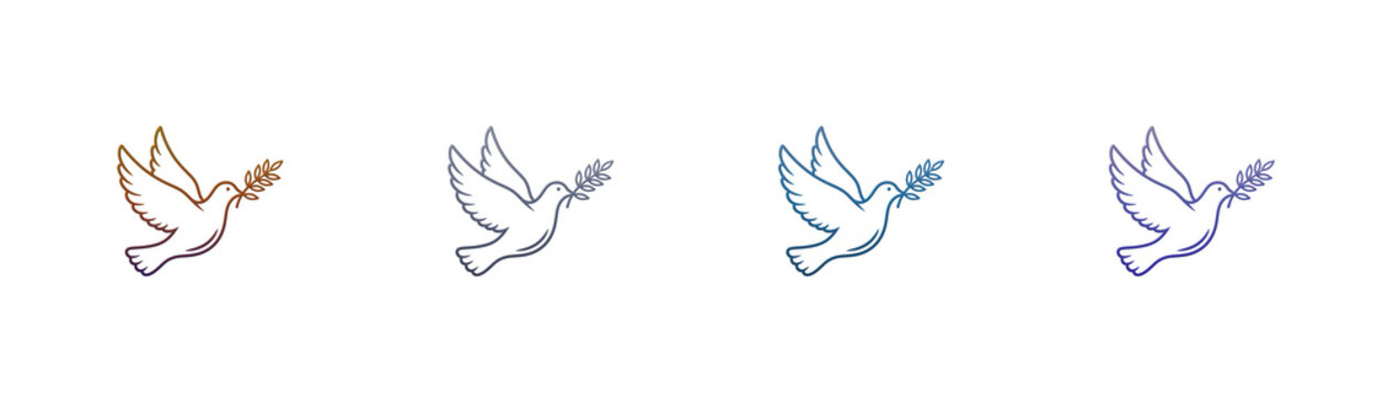 Dove of peace icon set with olive branch line art design elements
