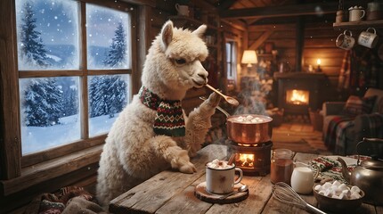 Obraz premium A cute fluffy alpaca wearing a scarf preparing hot chocolate in a cozy winter cabin.