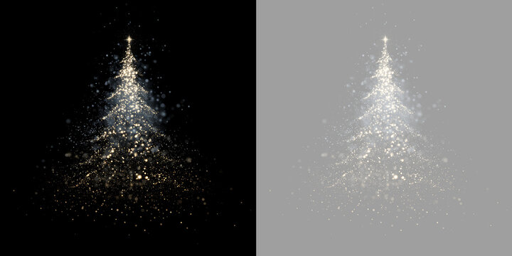 Glowing golden Christmas tree effect on transparent background. Shiny glitter particle light overlay for holiday design