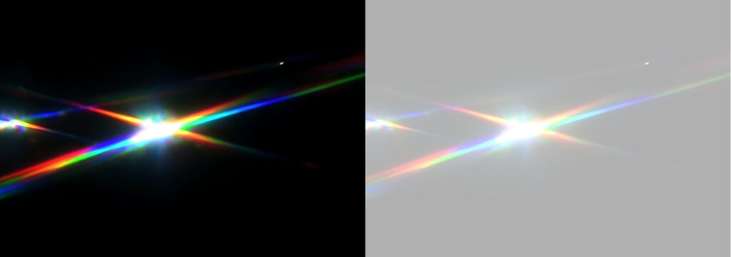 Vibrant rainbow lens flare with starburst light effect. Chromatic prism flare streak overlay on transparent background