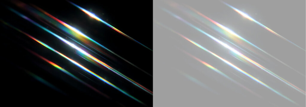 Anamorphic light leak overlay with prism spectrum refraction. Diagonal lens flare streaks with chromatic aberration effect