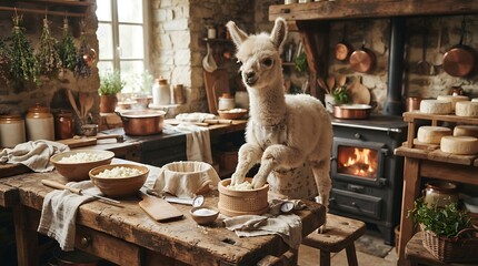 Fototapeta premium A cute fluffy white alpaca standing in a rustic farmhouse kitchen preparing cheese.