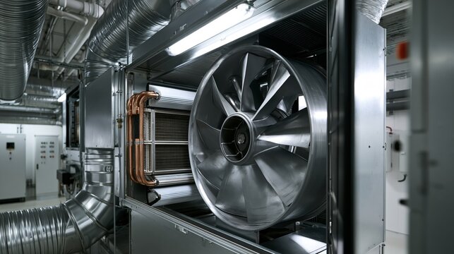Air handling unit with centrifugal fan wheel and coil section in sharp focus and a blurred plant room behind. Concept of HVAC engineering.