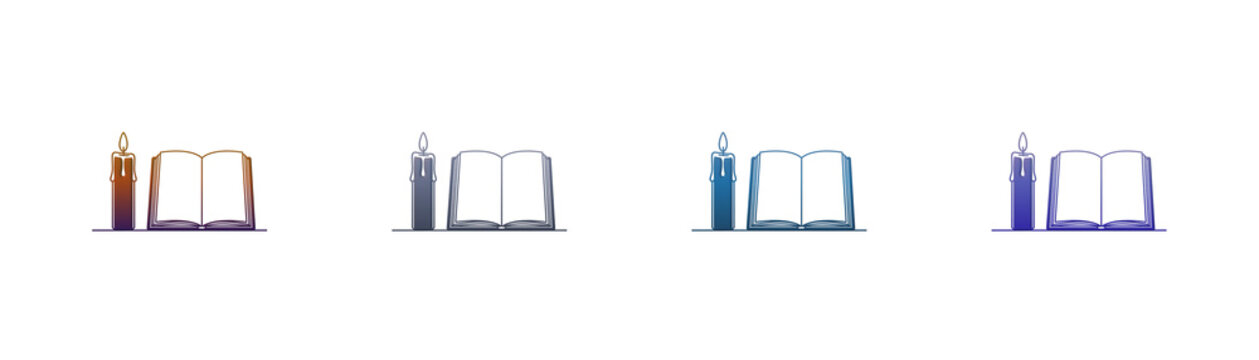 Candle and open book icon set with gradient line art style design