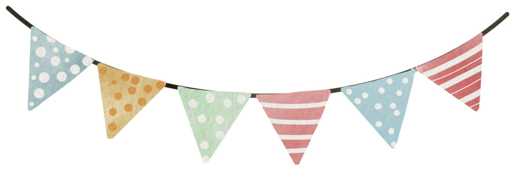 Colorful party flags with polka dots and stripes hanging on string, festive decoration for celebration or event