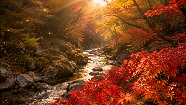 Tranquil autumn stream winding through a Japanese forest with vivid red maple leaves and golden light