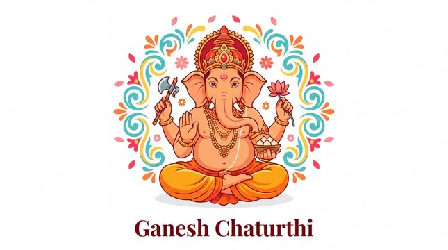Illustration of Lord Ganesha celebrating Ganesh Chaturthi with traditional attire, lotus, and offerings in a colorful decorative background