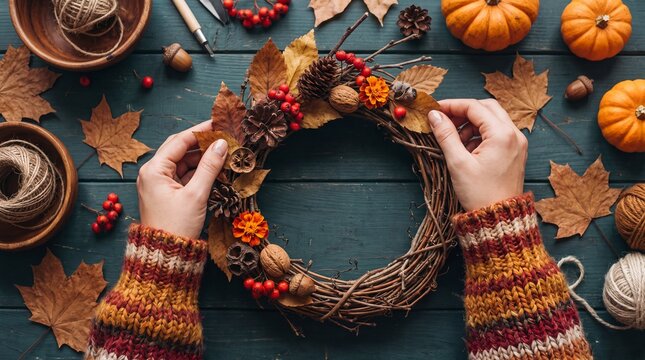 Hands of a woman in a colorful sweater crafting a fall wreath with leaves, pine cones, and decorative elements on a wooden table
