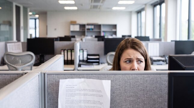 Woman peeking over cubicle wall in modern office space, with multiple computer monitors and workstations visible in the background