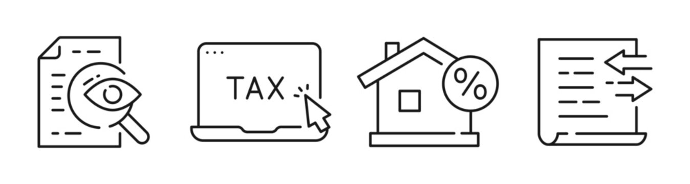 Document and finance icons indicating tax, mortgage and review processes. Editable stroke