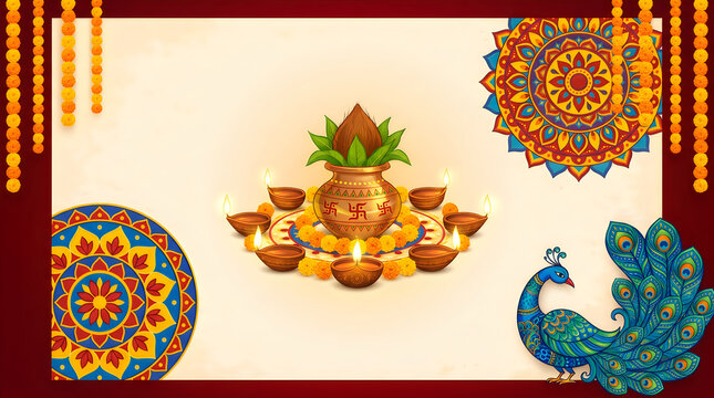 Decorative background design featuring kalash and peacock elements for the traditional hindu festival of durga puja celebration