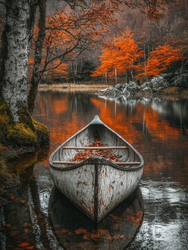 A rustic canoe filled with fallen leaves floats on a calm lake, surrounded by vibrant orange autumn trees and reflections. AI.