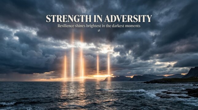 Strength in Adversity Motivational Seascape With Sun Rays