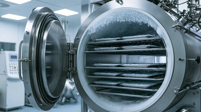 Industrial freeze dryer with shelf trays and ice-covered chamber in sharp focus and a blurred facility behind. Concept of pharmaceutical preservation.