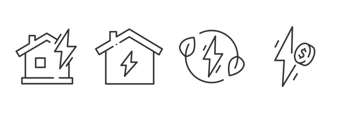 Energy efficiency and electricity icon set: lightning, home, sustainability, cost