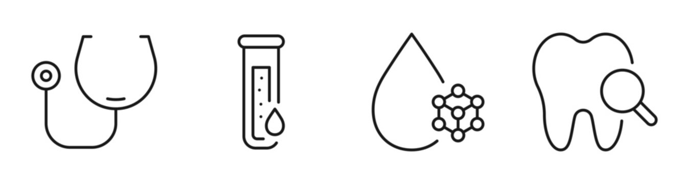 Medical and dental icons showing diagnostics in clinic lineup. Editable stroke