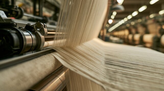 Industrial rapier loom with weft insertion and warp thread array in sharp focus and a blurred textile mill behind. Concept of commercial weaving.