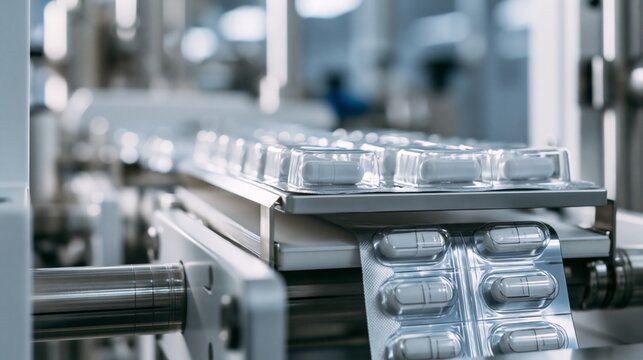Pharmaceutical blister sealing machine with capsule-filled blisters in sharp focus and a blurred packaging line behind. Concept of pharmaceutical packaging.