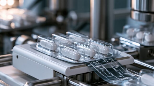 Pharmaceutical blister sealing machine with capsule-filled blisters in sharp focus and a blurred packaging line behind. Concept of pharmaceutical packaging.