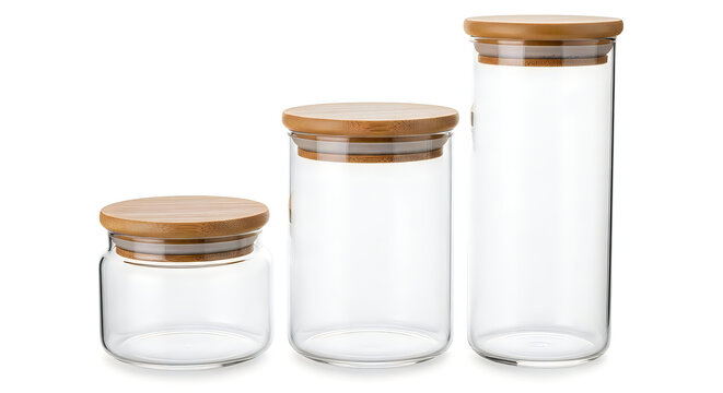 Three clear empty glass storage jars with natural bamboo wooden lids of different sizes in a row isolated on white background