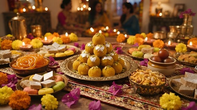 Navratri Nine Nights Festival Food Display on Decorated Table Featuring Traditional Sweets like Ladoos, Kheer, Jalebi, Flower Decorations, Warm Background Lighting, Rich Cultural Details