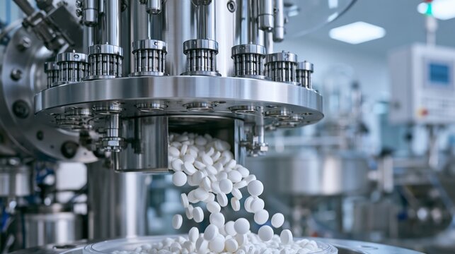 Pharmaceutical tablet press with rotating turret and tablet stream in sharp focus and a blurred production facility. Concept of tablet manufacturing.