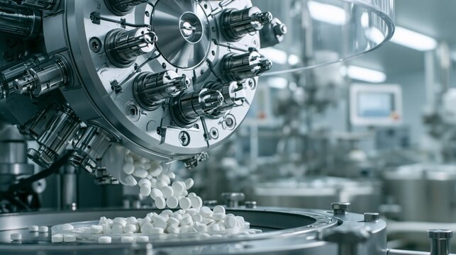 Pharmaceutical tablet press with rotating turret and tablet stream in sharp focus and a blurred production facility. Concept of tablet manufacturing.