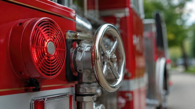Close Up of Fire Truck Emergency Equipment with Siren and Control Valve on Modern Fire Engine