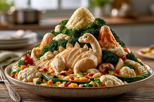 Dinosaur food art with broccoli forest and mashed potato volcano