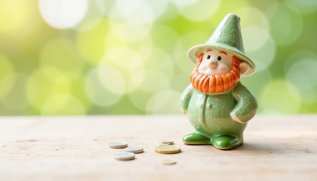 Statuette of a leprechaun standing by coins symbolizing Saint Patrick's Day  