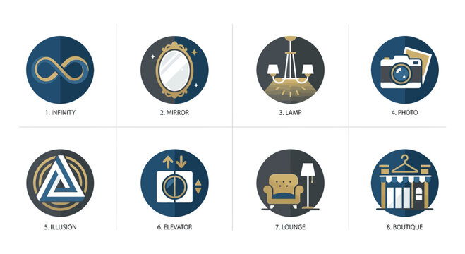 Collection of Eight Circular Icons with Abstract and Object Designs