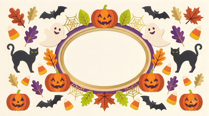 Fototapeta premium Halloween frame with cute pumpkins bats ghosts black cats and autumn leaves for holiday design isolated on transparent background, Vector