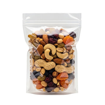 Clear plastic bag filled with colorful granola mix and nuts