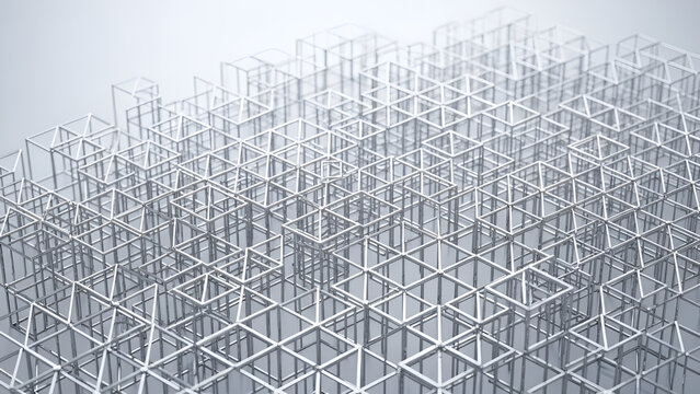 Metallic silver wireframe cube structure featuring complex geometric patterns with shiny reflective surfaces and sharp edges