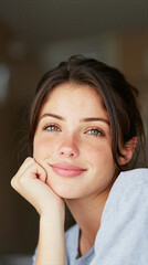 Fototapeta premium Young woman with green eyes and natural makeup smiling gently with hand on chin