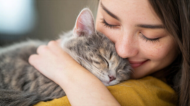 Woman gently hugging sleeping gray tabby cat showing warmth and affection