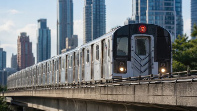 Modern Subway Train Traveling on Elevated Tracks Through an Urban City Skyline