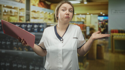 Obraz premium Woman in white uniform holding a pink clipboard with pursed lips, shrugging with palm up in a retail store aisle; skepticism.