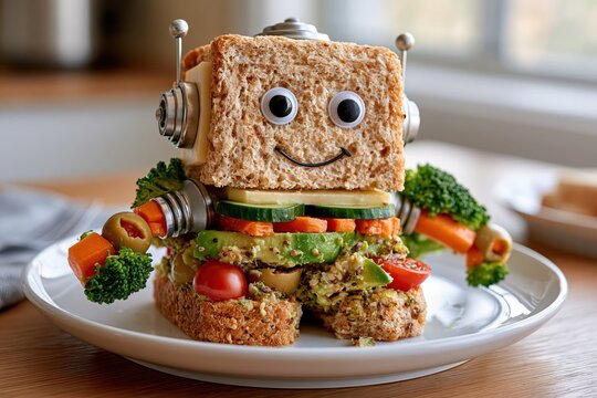 Funny robot sandwich made with healthy vegetables and whole wheat bread