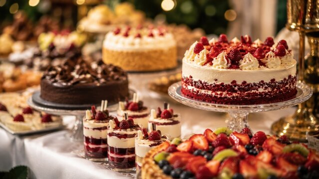 Elegant Dessert Buffet with Assorted Cakes Pastries and Fresh Berry Sweets at Celebration Event