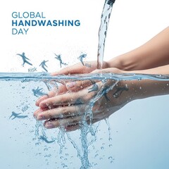Fototapeta premium Hands Being Washed Under a Stream of Clear Water, with Small Silhouetted Figures Representing Germs Being Rinsed Away, Illustrating the Concept of