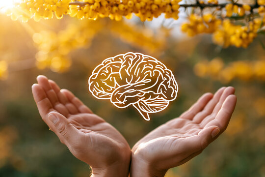 Schematic drawing of human brain on open palms on autumn background with yellow sea buckthorn berries. Neurology, cerebral medicine and cognitive functions concept. Digital illustration for poster