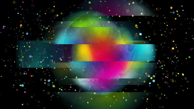 Colorful distorted circle and particles abstract geometric grunge background