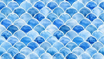 Fototapeta premium Seamless blue watercolor scallop pattern background with artistic hand painted texture
