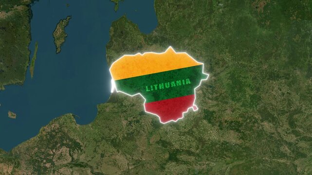 Lithuania Map Highlight with Glowing White Border and Waving Flag on Satellite Map