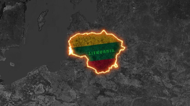 Lithuania Map Highlight with Glowing Orange Border on Grayscale World Satellite Map